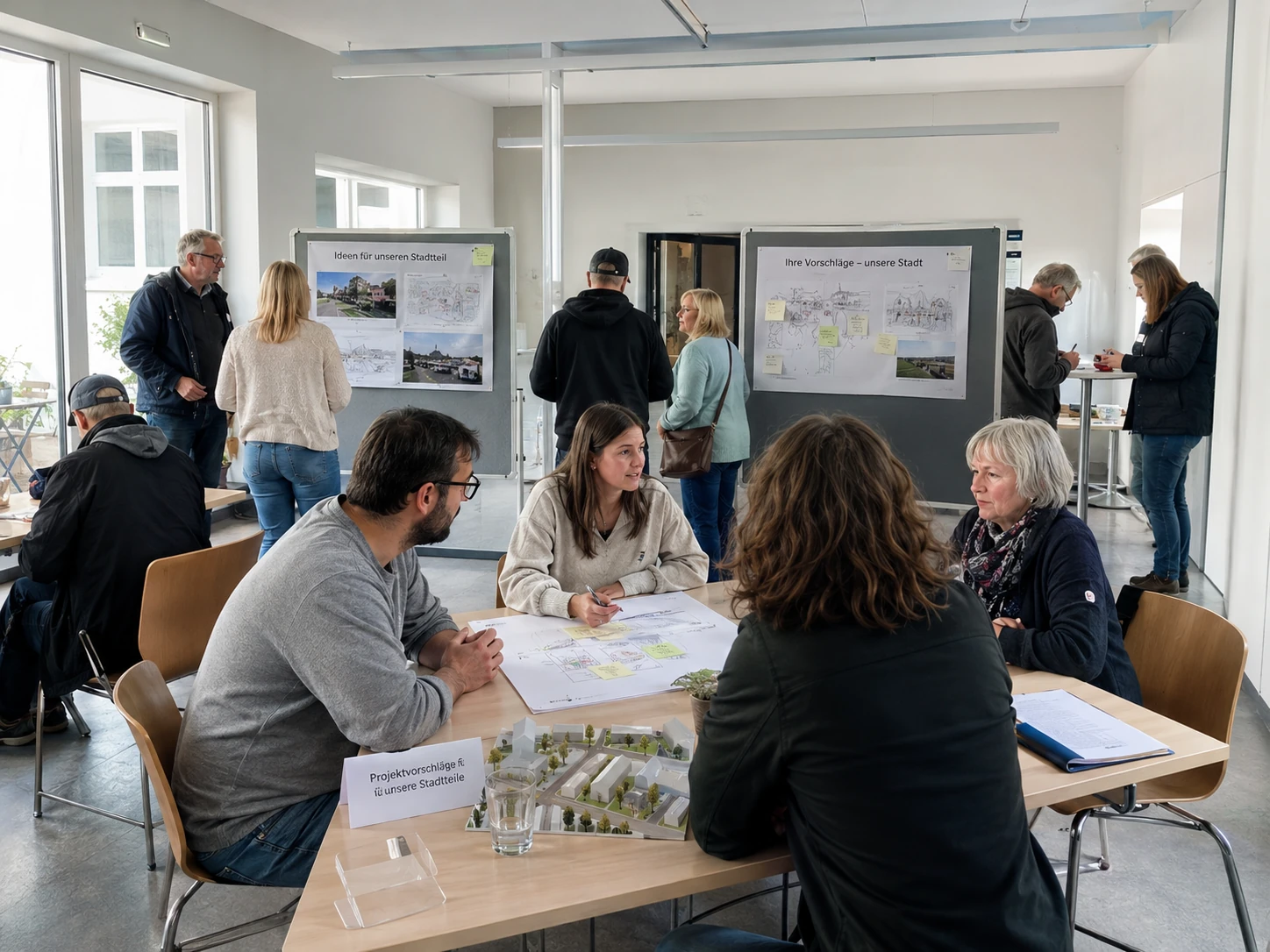 Fotorealistisches Ex-ante-Wirkungsszenario eines kommunalen Bürgerbudget- oder Beteiligungsprozesses in Sachsen-Anhalt mit sachlich dargestellten Projektvorschlägen und öffentlicher Priorisierung. Das Bild visualisiert den freigegebenen Verfahrenshebel; Qualität der Mittelverwendung, Vertrauen oder gesellschaftliche Wirkungen werden nicht als eingetretener Outcome dargestellt.