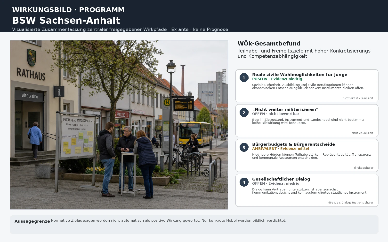 Analytisches Wirkungsbild zum BSW-Wahlprogramm Sachsen-Anhalt 2026: links Rathaus und öffentlicher Beteiligungsraum mit Dialog; rechts vier freigegebene Schlüsselpfade zu zivilen Wahlmöglichkeiten junger Menschen, einer unbestimmten Militarisierungsforderung, Bürgerbudgets und gesellschaftlichem Dialog mit Richtung, Evidenz und Aussagegrenzen. Ex ante, keine Prognose.