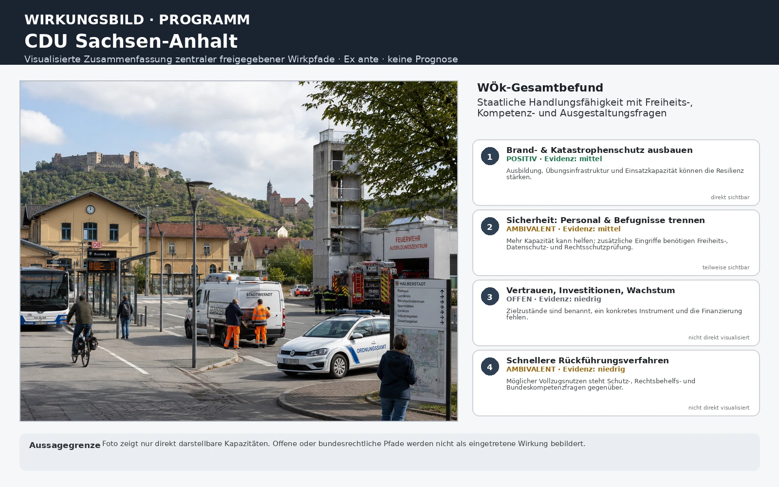 Analytisches Wirkungsbild zum CDU-Wahlprogramm Sachsen-Anhalt 2026: links ein sachlicher öffentlicher Infrastruktur- und Sicherheitskontext mit Feuerwehr-Ausbildungszentrum und Ordnungsbehörde; rechts vier freigegebene Schlüsselpfade zu Katastrophenschutz, Sicherheit, Wachstumszielen und Rückführungsverfahren mit Richtung, Evidenz und Aussagegrenzen. Ex ante, keine Prognose.