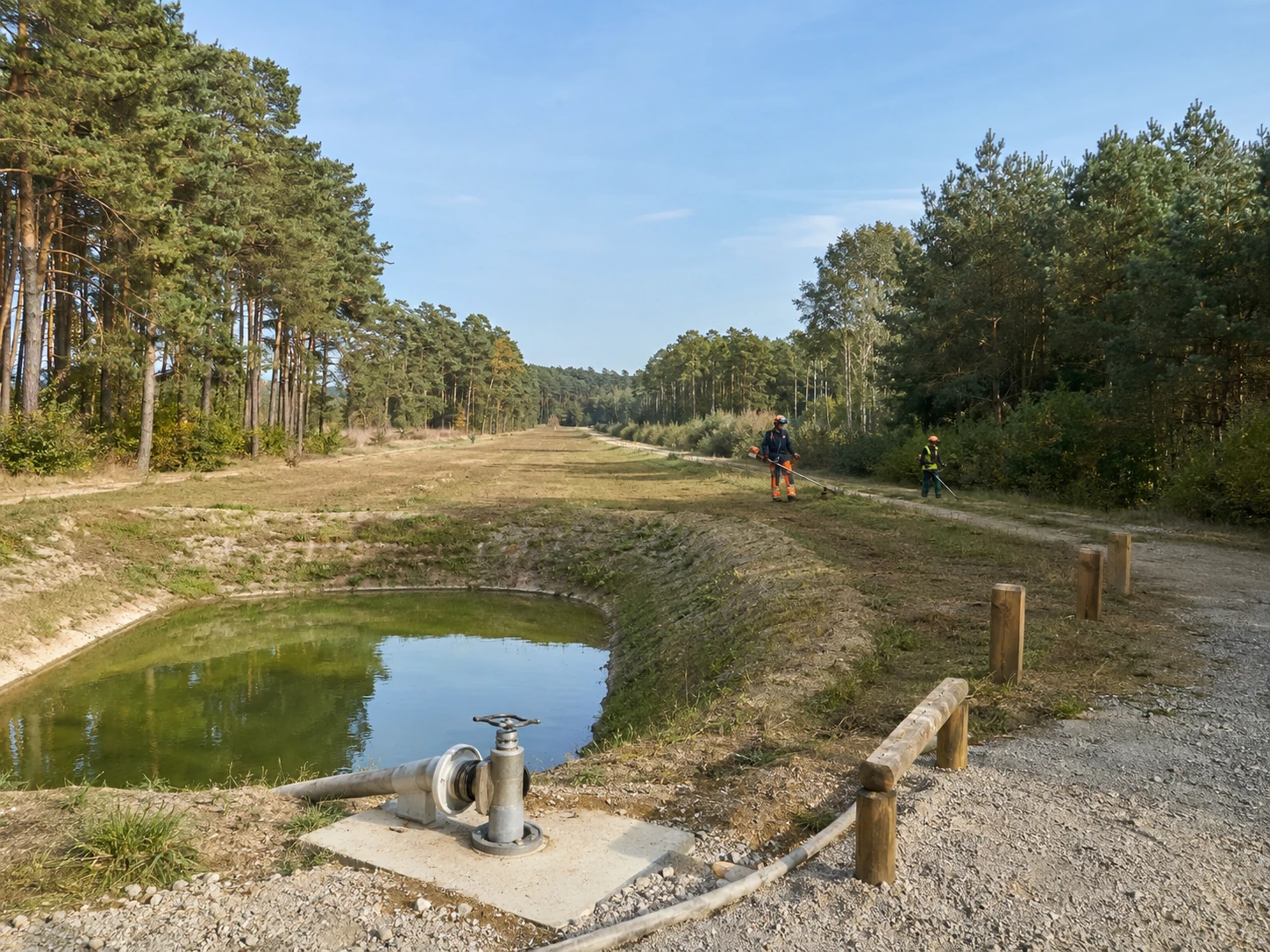 Fotorealistisches Ex-ante-Wirkungsszenario einer Wald- oder Landschaftsfläche in Sachsen-Anhalt mit sachlich erkennbaren präventiven Brandschutzstrukturen. Das Bild visualisiert einen freigegebenen WÖk-Wirkungsfall zur möglichen Begrenzung von Feuerausbreitung und ist keine Prognose verhinderter Brände oder Schäden.