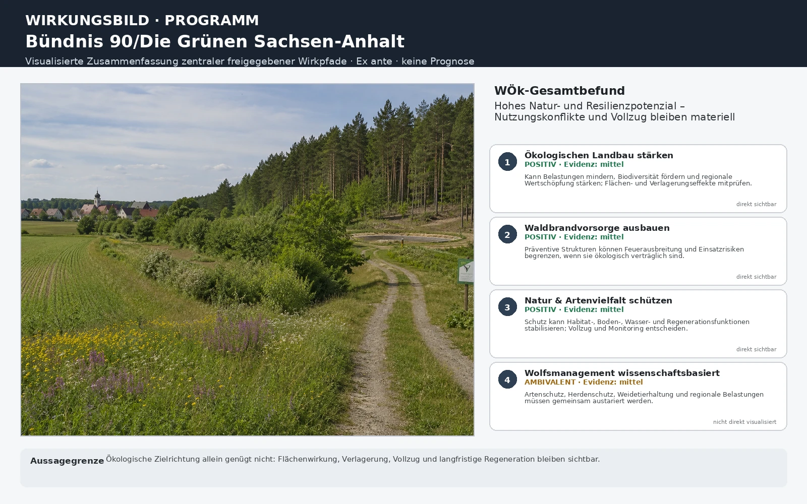 Analytisches Wirkungsbild zum Grünen-Wahlprogramm Sachsen-Anhalt 2026: links Landwirtschaft, Biodiversitätsstrukturen und Waldsaum mit präventivem Brandschutzkorridor; rechts vier freigegebene Schlüsselpfade zu Ökolandbau, Waldbrandvorsorge, Natur- und Artenschutz sowie Wolfsmanagement mit Richtung, Evidenz und Aussagegrenzen. Ex ante, keine Prognose.