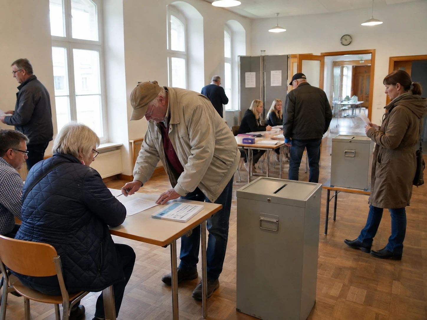 Fotorealistisches Ex-ante-Wirkungsszenario eines öffentlich zugänglichen Beteiligungsverfahrens in Sachsen-Anhalt mit neutralem Informations- und Eintragungsbereich. Das Bild visualisiert den freigegebenen institutionellen Wirkungsfall zu Volksinitiative, Volksbegehren oder Volksentscheid; tatsächliche Beteiligung oder politische Ergebnisse werden damit nicht vorausgesagt.