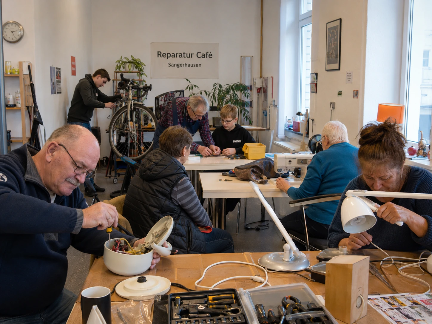 Fotorealistisches Ex-ante-Wirkungsszenario eines Repair-Cafés in Sachsen-Anhalt mit Reparaturtisch, Werkzeug und der Instandsetzung von Alltagsgegenständen. Das Bild visualisiert den freigegebenen Wirkungsfall zur Förderung niedrigschwelliger Reparaturmöglichkeiten; tatsächliche Lebensdauer-, Abfall- oder Ressourceneffekte werden damit nicht belegt.
